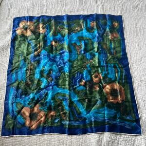 Vintage Blue Abstract Floral Print Rayon Square Scarf 30"x30"